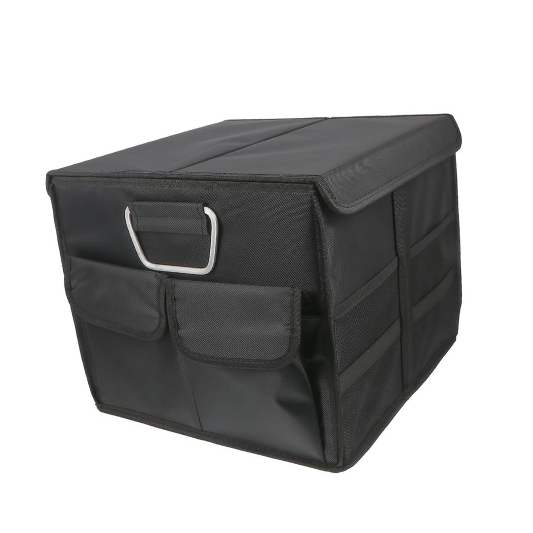 Mobestech Multifunctional Trunk Storage Box with Lid Collapsible Sturdy Organizer with Mesh Pockets and Dividers for Groceries Tools and Emergency Gear Suitable for Suv and Random Color