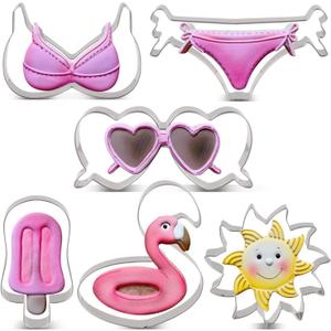 LILIAO Summer Beach Cookie Cutter Set - 6 Piece - Sun, Flamingo Float, Popsicle, Heart Sunglasses and Bikini Biscuit Cutters - Stainless Steel