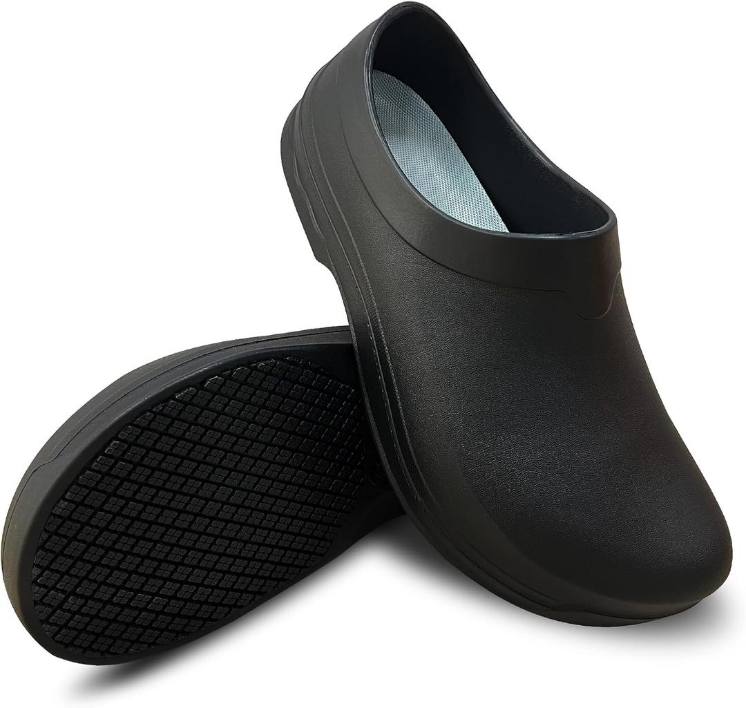 Mens Clogs Non Slip Chef Shoes for Women Men Food Service Comfortable Water Resistant Unisex Nursing Nurse Shoes for Work Kitchen Restaurant (9 Women/7 Men, Black)