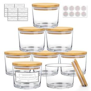 CONNOO 8 Pack 12 OZ Clear Glass Wide Mouth Candle Jars for Making Candles with Airtight Bamboo Lids Nice Sticky Warning Labels for Candle Making Empty Container Bulk - Dishwasher Safe
