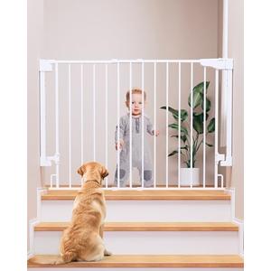 Cumbor 29.2–43" Baby Gate for Stairs, Wall-Mounted (Drill Required), Expandable No Bottom Bar Dog Gate, Auto Close Extra Wide Walk Thru, Pet & Toddler Proof Gate, Top & Bottom of Stairways (White)