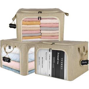 3 Pack Closet Organizers and Storage, Foldable Blanket Storage Bags, 3 Openings Clothes Organizer with Clear Windows, Metal Frame & Durable Handles & Zippers for Organizing (Beige 40L)