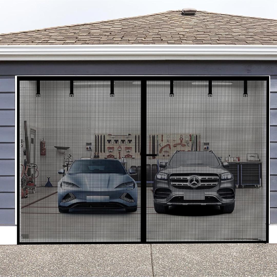 Magnetic Garage Screen Door for 2 Car Garage Doors 16x7FT- Reinforced Self Sealing Fiberglass Mesh Door with 6 Strapping Tapes, High Energy Magnets, Hands Free Door Screen with Closure Weighted Bottom