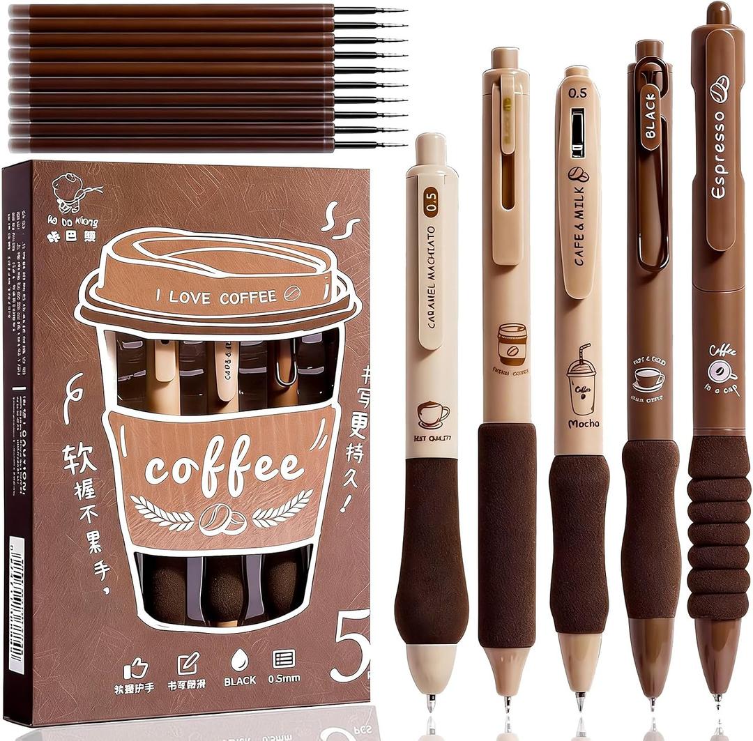 5 Pcs Coffee Pens, 10 Pcs Retractable Quick Dry 0.5mm Fine Point Black Pen Refills Ink Unique Pens of Gift Cute Gel Pens for Women (Coffee pen set)