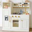 Wooden Play Kitchen for Toddlers and Kids with Realistic Lights and Sounds and 14 Fun Toddler Kitchen Accessories, Toy Kitchen Playset for Boys and Girls Ages 3+