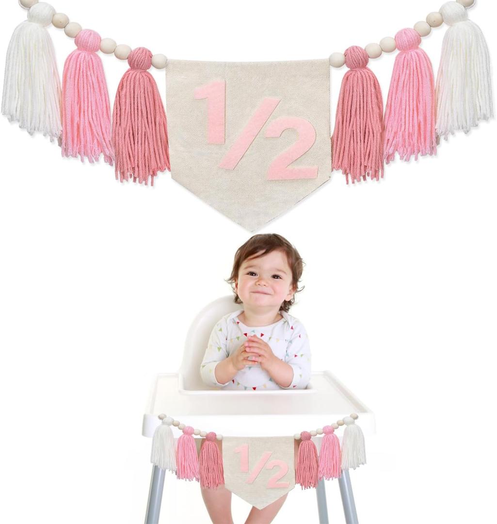 Half Birthday Decorations- Dokuna Girls Half Way to One Decorations, 6 Month 1/2 Birthday Tassel High Chair Banner (Pink) (Pink)