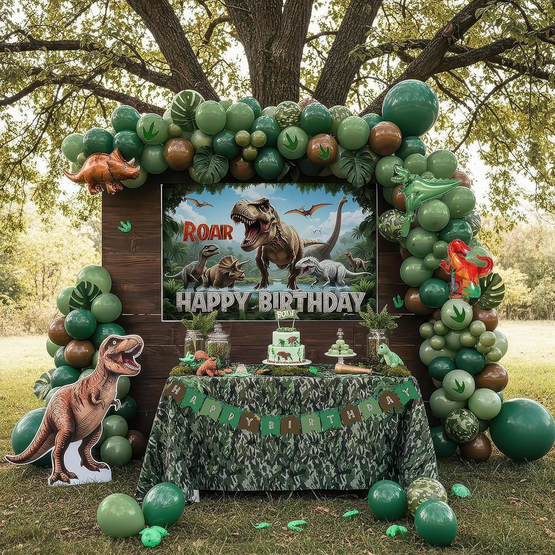 Dinosaur Birthday Party Decorations - Includes Green and brown balloon arch & Small dino Foil balloons & Banner Backdrop Footprint Sticker & for kids Jungle Dinosaurs T-REX ROAR themed party Supplies