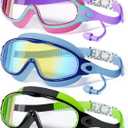 CMBJJU 3 Pack Swimming Goggles, Kid Goggles with Earplugs Large Frame Anti-Fog/UV Wide View Swim Goggles Boys Girls 6-14 (3PACK-Purple+Colorful Blue+Green-SG09)