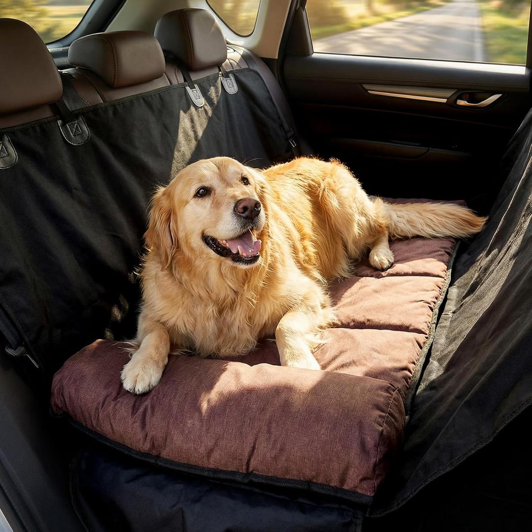 Veehoo Dog Bed for Car, Waterproof Car Dogs Bed with Bolster for Long Trips, Portable Dog Cars Seat Cover for Back Seat & Large Beds Extender for Dogs, Travel Accessories of SUV & Trucks (Brown)