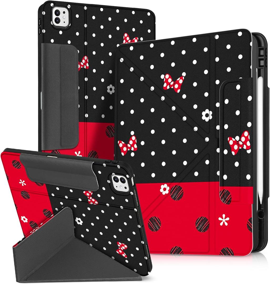 for iPad Pro 13 inch M4 2024 Case - for iPad Pro 13 Folio Protector Cover with Pencil Holder Cute Cool Cartoon Graphics Design for Boys Girls, Red Black Polka Dots