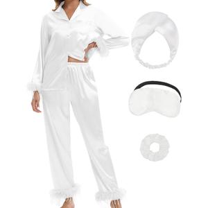 MORFORU Satin Pajama Set for Women Feather Trim Long Sleeve Pjs with Sleep Mask Headband Scrunchie Sleepwear Lounge Set (Large, White)