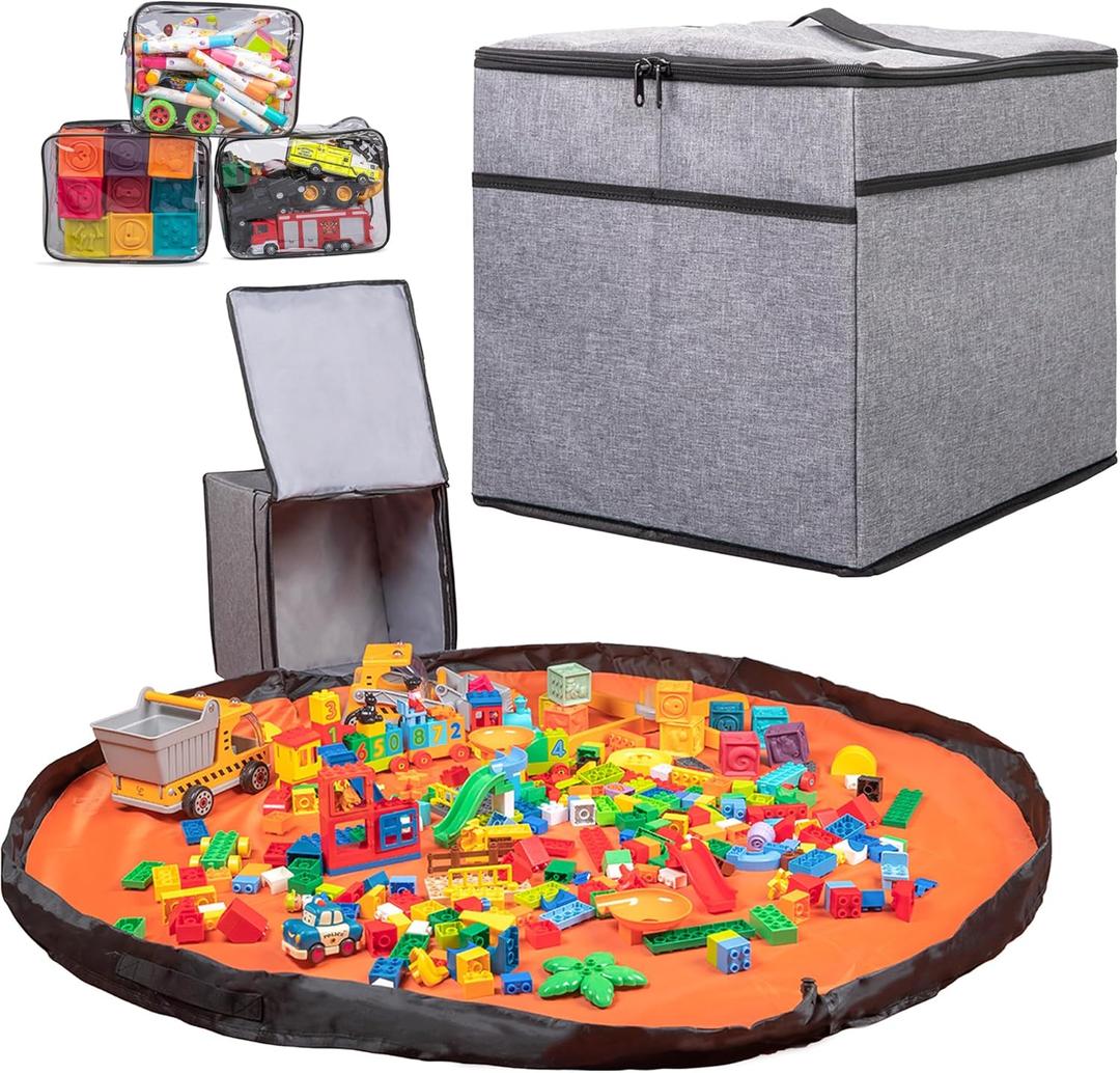 XXL Toy Storage Organizer with 51" Play Mat - Collapsible Fabric Storage Box for Boys, Girls & Kids - Basket for Building Bricks, Blocks, Lego & Duplo - 13"x13"x15" for Nursery & Playroom