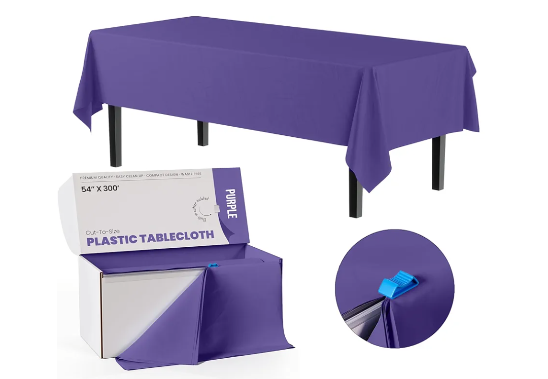 Exquisite Purple Plastic 54x300in Rectangular Tablecloth Roll with Built-in Cutter - 30 Feet, Disposable, Waterproof, All-Season, Birthday