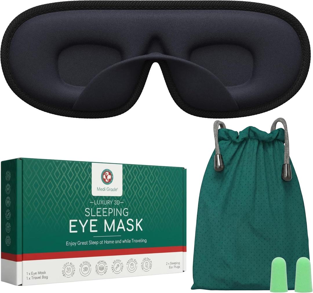 Medi Grade Cotton Sleep Mask with 3D Eye Memory Foam - Travel Sleeping Mask for Women and Men with 2 Ear Plugs and Storage Bag - Blackout Light Blocking