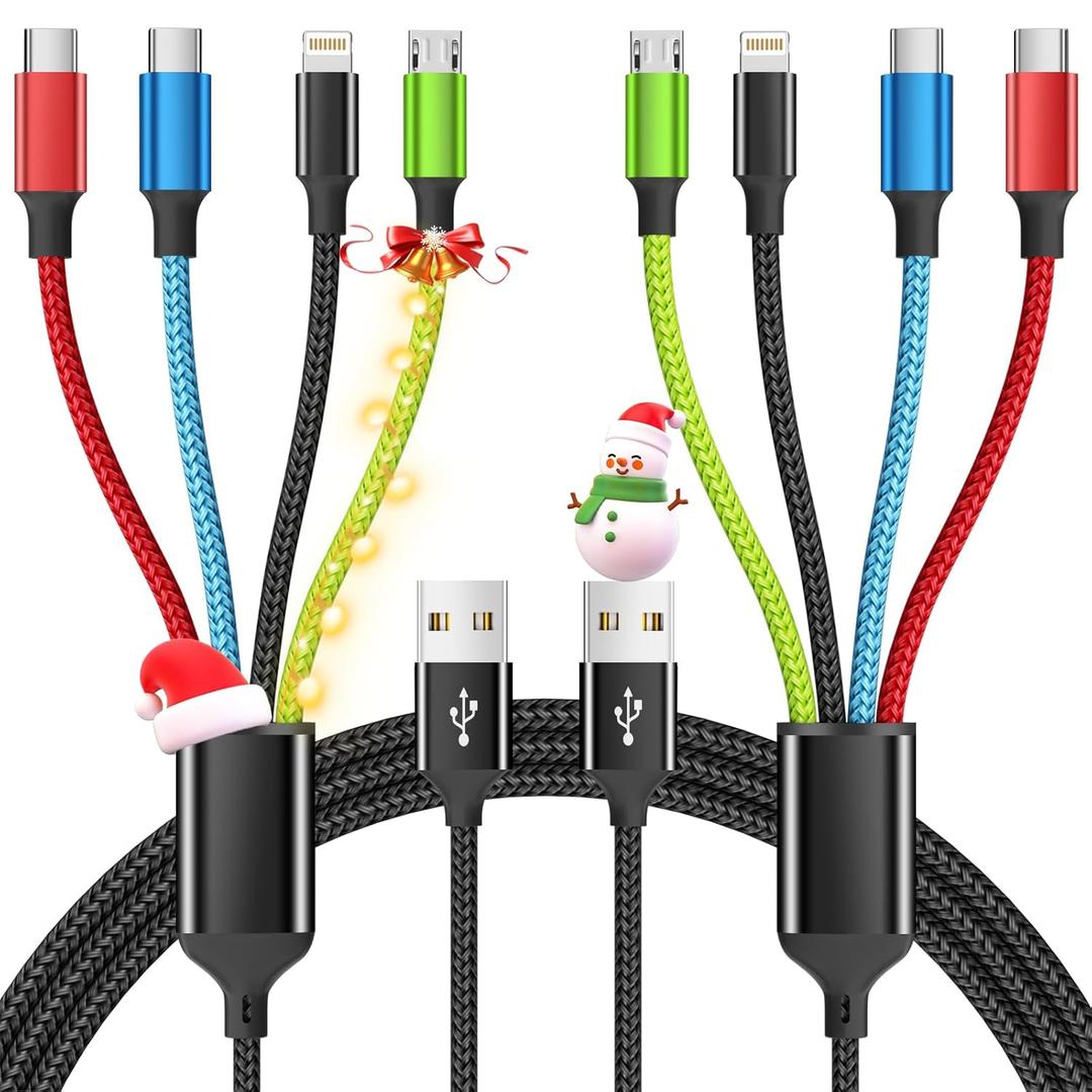Travel Essentials Multi Charging Cable [2Pack 5FT], Car Accessories 4 in 1 Charging Cords, USB Cable Phone Charger with IP/Type C/Type C/Micro, Compatible with Most Phones/Tablets and More (Black_Red_Blue_Green)