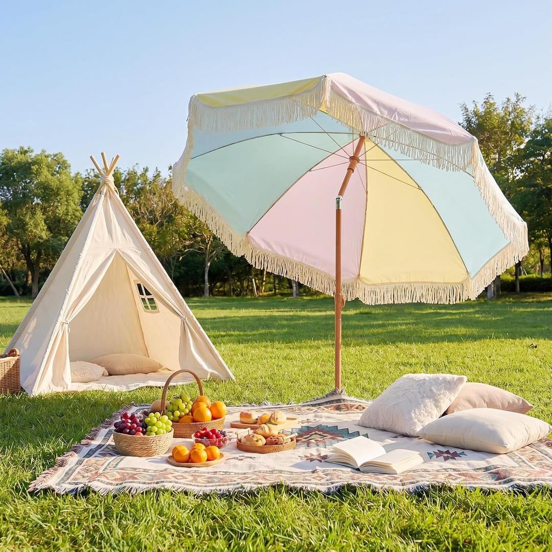 CroBlissful 6 ft Boho Fringe Patio Umbrella, Upf 50+ Macaron Outdoor Picnic Canopy with Tassels, 8 Steel Ribs and 30 Push Button Tilt, Colorful Beach Umbrella for Garden, Pool, Backyard
