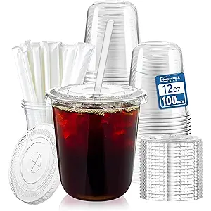 Homestockplus 100 Pack 12 oz BPAFree Clear Plastic Cups with Lids and Straws  LeakProof Disposable Straw Cups, Iced Coffee Cups for Kids Drinks, Smoothies & ToGo Cold Beverages