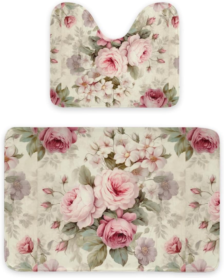 Bathroom Rugs- Pink Rose Pattern Set of 2, Microfiber Shaggy Carpet, Super Absorbent, Machine Washable,Non-Slip with U-Shaped Toilet for Bathroom, Tub, Shower