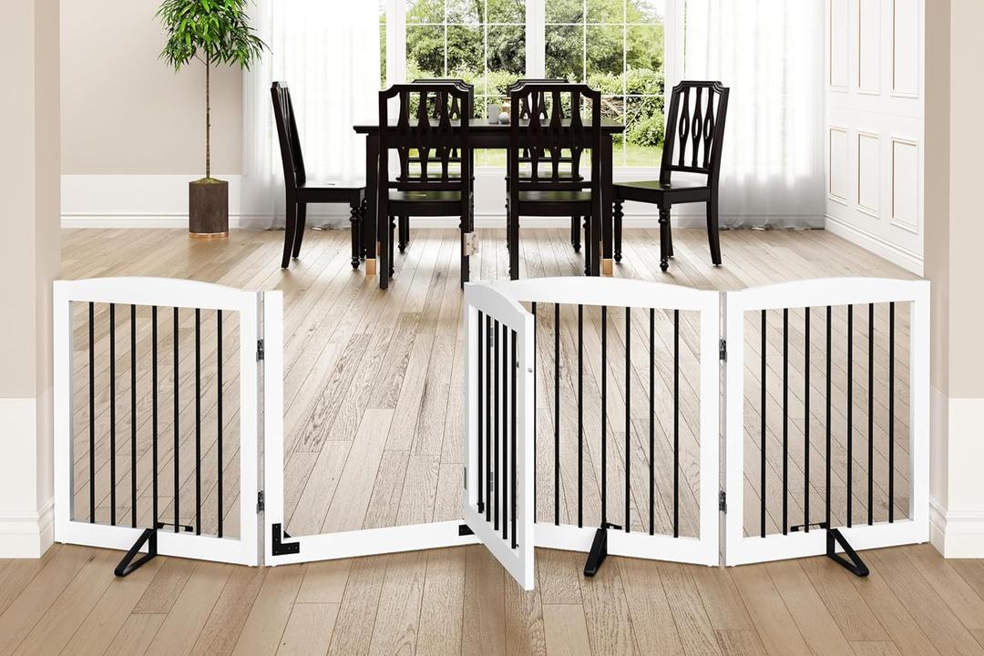 PUPETPO Freestanding Dog Gate with Door, Pet Gate for Stairs, 80 inch Wide Pet Barrier Indoor, Dog Fences Indoor, Support Feet Included, 4 Panels, 24" Tall, White & Black