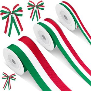 3 Rolls Red White and Green Stripe Grosgrain Ribbon Italian Flag Patriotic Double Face Polyester Colorful Ribbon for Christmas Party Gift Wrapping Crafts, 0.4, 0.87, 1.5 Inch Wide, 15 Yard
