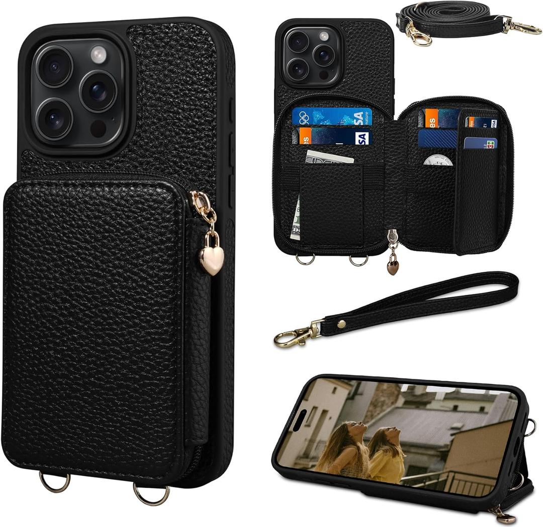 Keallce Case for iPhone 16 Pro 6.3'' Case Wallet, Crossbody Purse with RFID Blocking, Kickstand, Detachable Lanyard & Handstrap, Leather iPhone Cover, Black