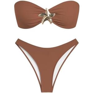 ZAFUL Womens Bandeau Bikini Set Metallic Sparkly O Ring Lace Up Tie Side High Cut Tanga Sexy Bathing Suit Swimwear Small