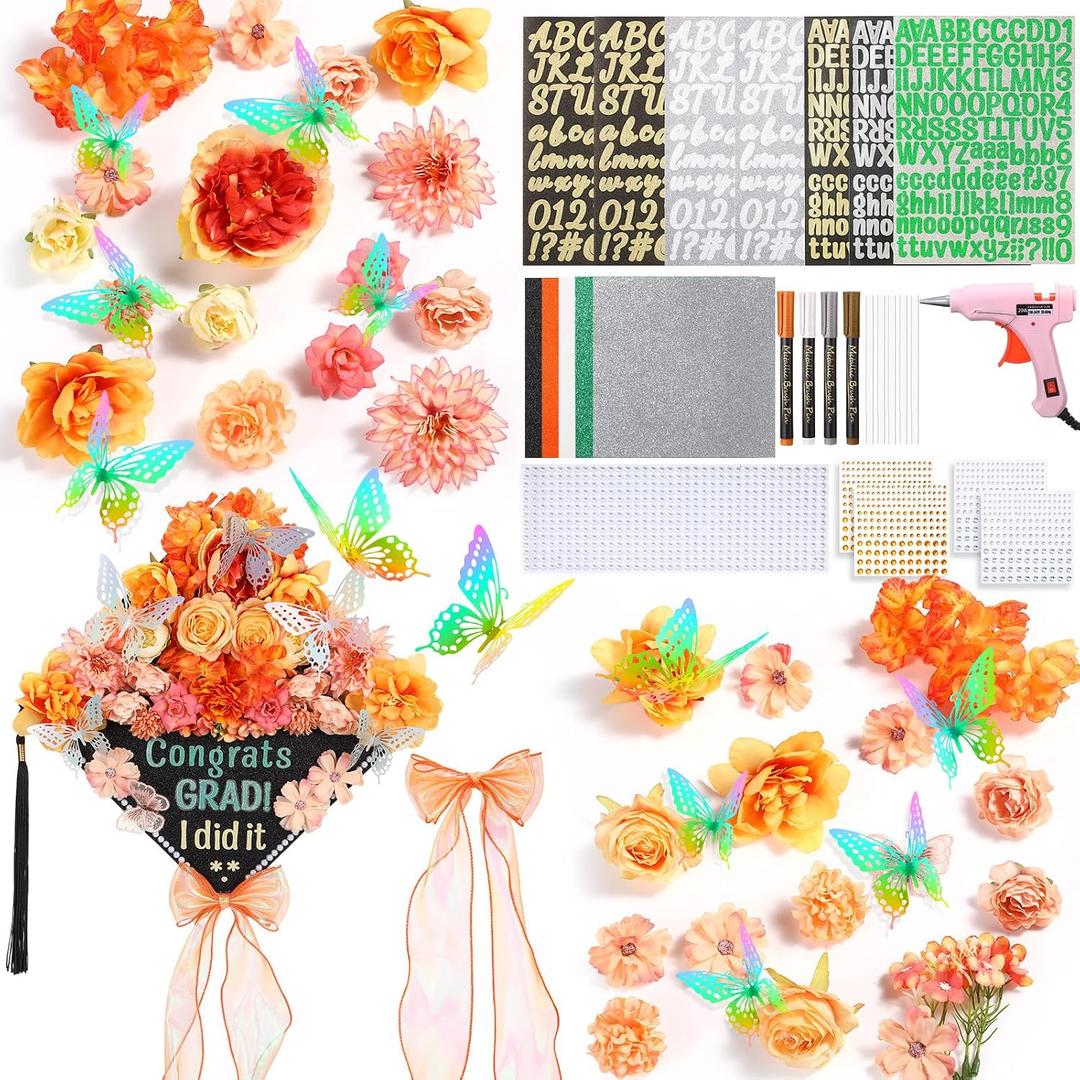 Knitgrip Graduation Cap with Decoration Kit 2026, DIY Grad Cap Topper Kit with Hat, Faux Floral, Glitter Cards, 3D Butterfly, Ribbon Bow, Rhinestone Alphabet Stickers, Paint Marker, Glue Gun(Orange)