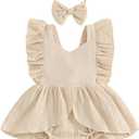 Douhoow Infant Baby Girl Romper Baby Ruffle Bodysuit Jumpsuit One-Piece Cotton Linen Clothes (12-18 Months)