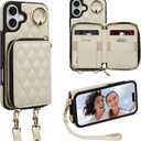 Keallce Case for iPhone 16 Plus 6.7'' Wallet Case, Crossbody Zipper Purse with Wristlet for Women, RFID Blocking Card Holders, 360 Ring Kickstand Flip Leather Case for iPhone 16 Plus, Beige