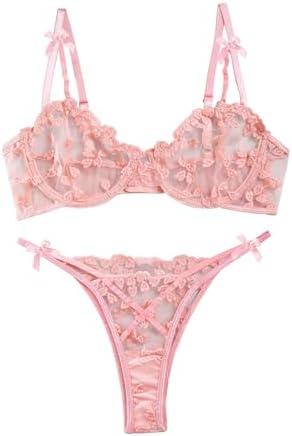 Lilosy Sexy Underwire Cute Push Up Strappy Embroidered Mesh Sheer Lingerie Set See Through Panty Bra Size SX