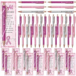 36 Set Breast Cancer Awareness Gifts Glitter Pens Bulk Pink Ribbon Breast Cancer Accessories with No One Fights Alone Cheer Up Cards for Women Survivor Patients Public Charity Events