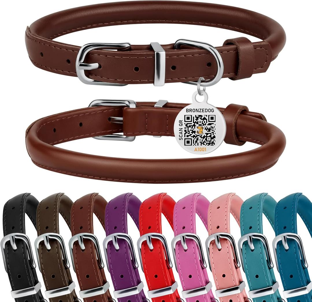 BRONZEDOG Rolled Leather Dog Collar for Small Medium Large Dogs with QR ID Tag (L: 16-18 Inch, Chocolate Brown)