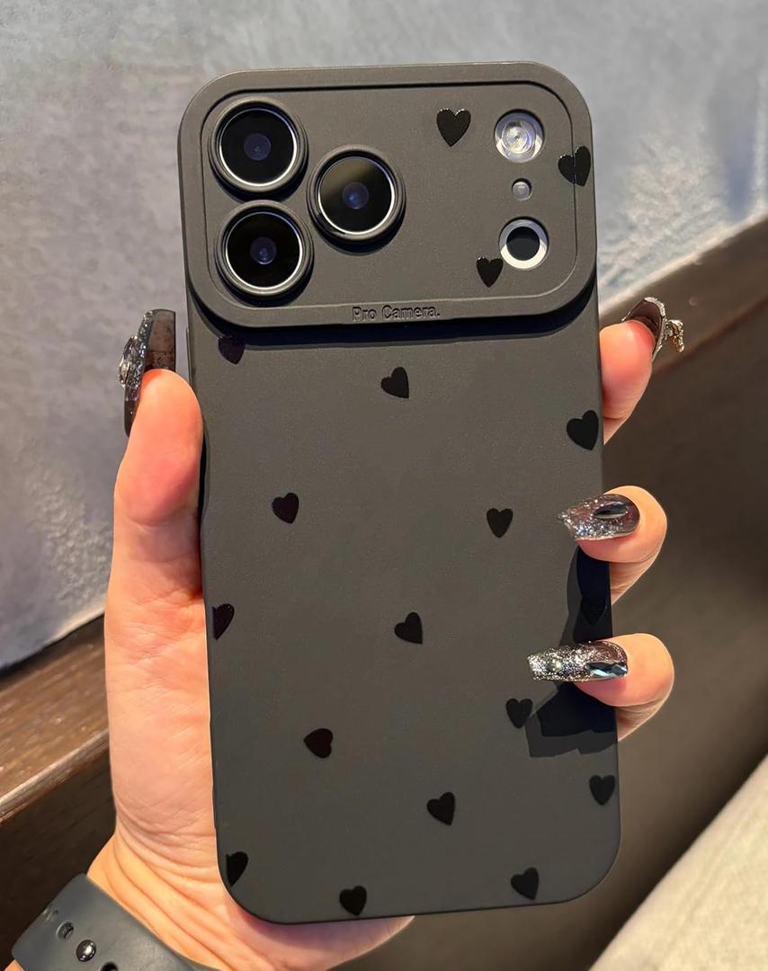 for iPhone 17 Pro Max Case 6.9 Inch 2025, Aesthetic Hearts Goth Phone Case for Women Girls Men, Silicone Protective Phone Cover for iPhone 17 Pro Max, Black Hearts