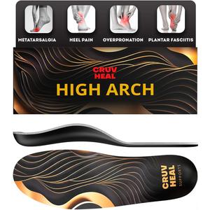 CRUVHEAL High Arch Support Inserts Men Women - Plantar Fasciitis - Comfort for Foot Pain Relief - Anti-Fatigue - Orthotic Shoe Insoles Black (L Men 10-11.5 | Women 11-12.5