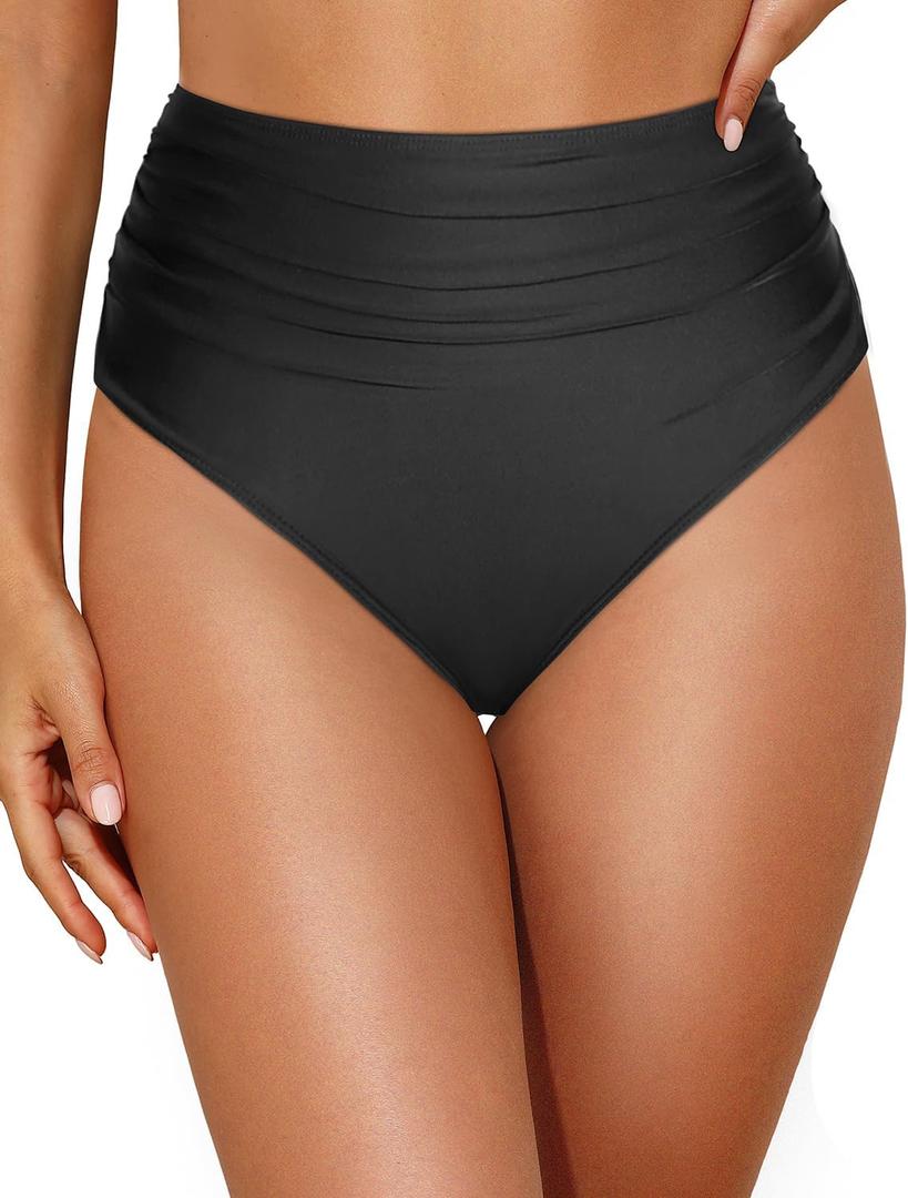 Tempt Me Women High Waisted Bikini Bottom Full Coverage Swimsuit Bottom (Large, Black)