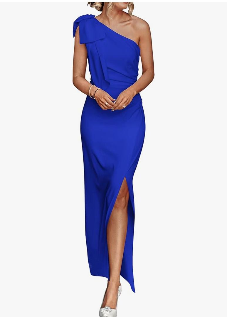 PRETTYGARDEN Women's Summer One Shoulder Long Formal Dresses Sleeveless Ruched Bodycon Wedding Guest Slit Maxi Dress, M