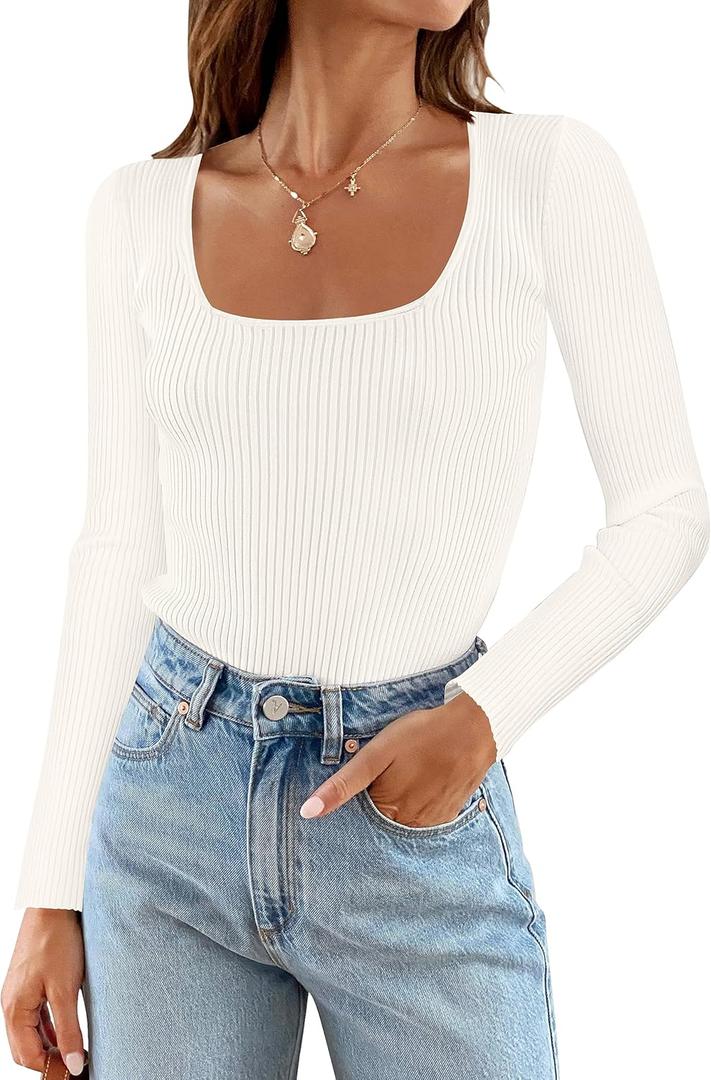 MEROKEETY Women's 2025 Square Neck Long Sleeve T Shirts Slim Fitted Ribbed Knit Casual Tee Tops, White, L