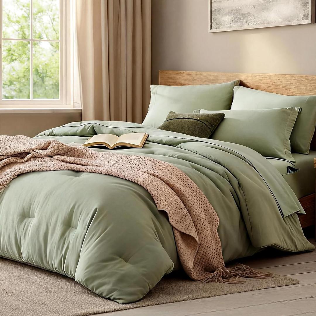 WRENSONGE Oversized Queen Comforter Set - 7 Pieces Sage Green Bed in a Bag Queen with Sheets, 2 Pillow Shams, and 2 Pillowcases- Warm Bedding Sets Queen for All Season