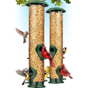 Bird Feeders for Outdoors (Metal, 2 Pack)  Chew-Proof Hanging Bird Feeder with 4 Ports, Rust-Proof Heavy Duty Tube Design, 15 Inches (Green)