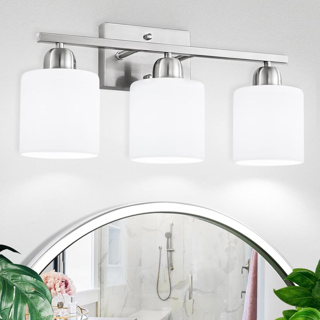 Brushed Nickel Bathroom Light Fixture, 3 Light Vanity Lights for Bathroom, Bath Lights with Milky White Frosted Glass Shades, E26 Socket