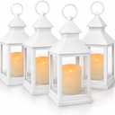 White Lanterns Decorative Set of 4 with LED Flameless Candles Indoor Outdoor Lantern Decor with 4 Hour Timer Hanging or Tabletop Patio Porch Wedding Centerpiece 9 3/8" H