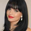 FANCEE Layered Wigs with Bangs 14 Inch Short Black Glueless Ready-to-Go Straight Synthetic Bob Wigs for Women Realistic Scalp Daily Cosplay Use