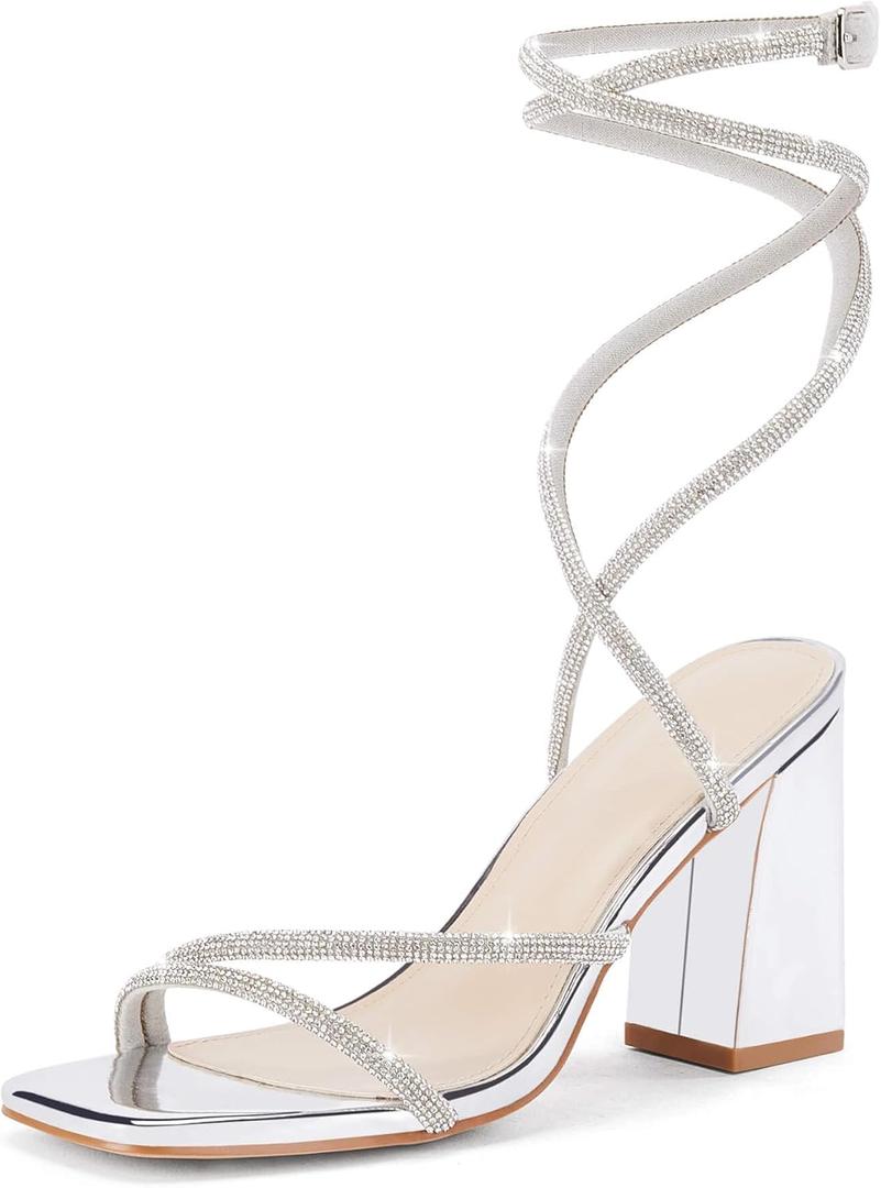 Coutgo Womens Lace Up Chunky Heels Rhinestone Sandals Square Open Toe High Block Heeled Wedding Dress Shoes (7.5, Silver)