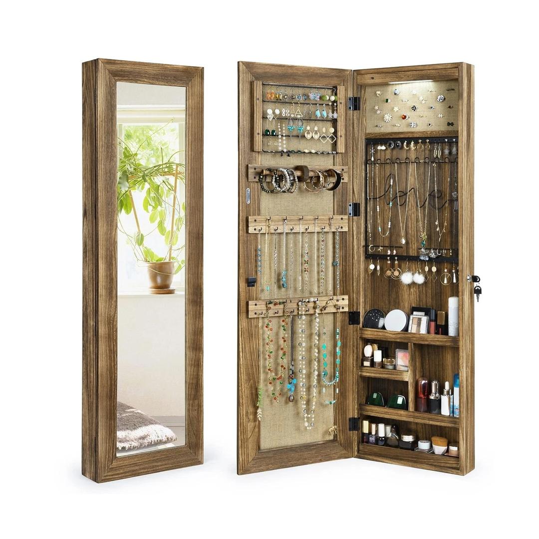 SRIWATANA Jewelry Armoire Cabinet, Solid Wood Jewelry Organizer with Full Lenght Mirror