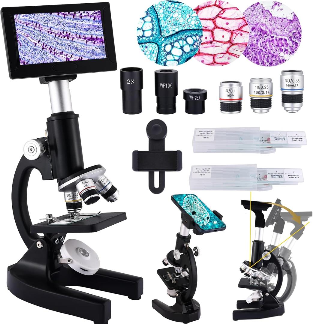 Microscope 40X-2500X Magnification, HD Wide Angle Eyepieces, 4-inch High-Pixel Display with LED Fill Light 3, Cell Phone Observable, for Home School Labs (Black)
