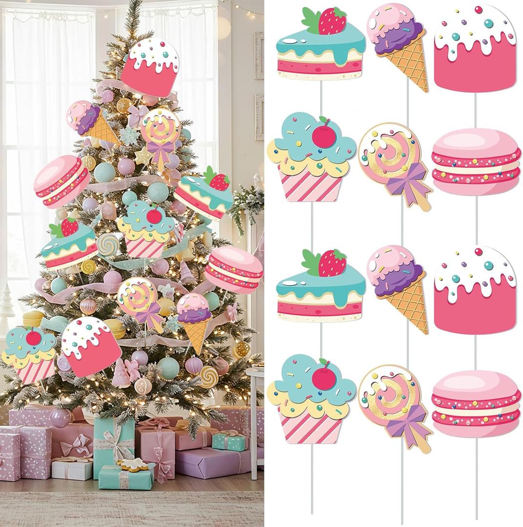 12 Pcs Large Pastel Candy Christmas Tree Decorations Picks Colorful Christmas Cake Ice Cream Picks Macarons Ornaments Gumdrop Decorations for Xmas Vase Wreath Garland Decoration Supplies
