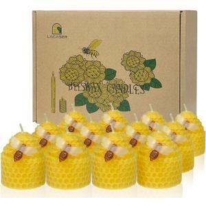 Lacaser Beeswax Candles Bulk Set of 12, Bee Candles with Little Bee Ornament Decors, Bee Themed Gift,Unscented&Smokeless &Dripless, Dia 1.77" x1.97" Each, Yellow