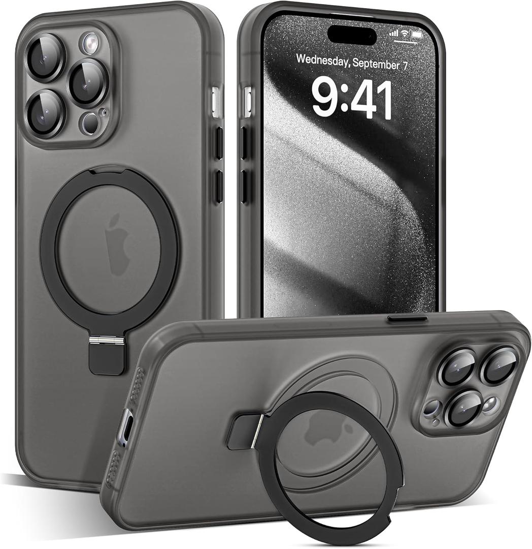 Designed for iPhone 15 Pro Case with Magnetic Invisible Ring Stand[Military Drop & Full Camera Lens Protection][Compatible with Mag-Safe]Shockproof Matte Translucent Slim Phone Cases 6.1"Black