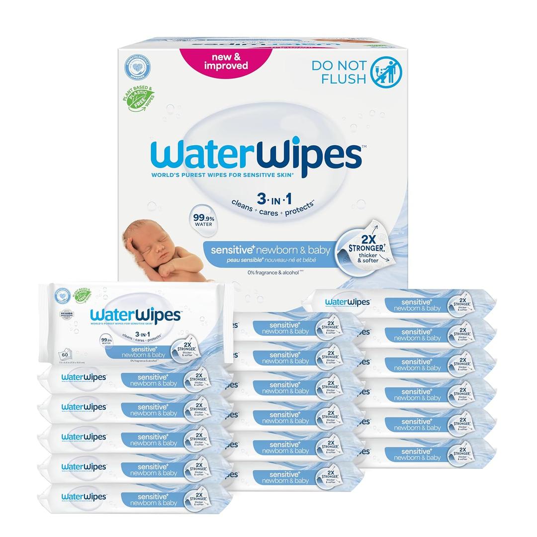WaterWipes Sensitive+ Newborn & Baby Wipes, 3-In-1 Cleans, Cares, Protects, 99.9% Water, Unscented & Hypoallergenic, 1080 Count (18 Packs)