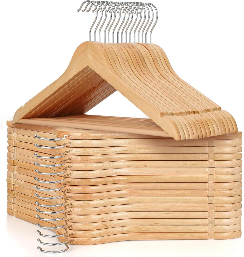 TOPIA HANGER Wooden Hangers 30 Pack, Natural Wood Clothes Hangers, Durable Coat Hanger with 360-Degree Rotatable Hook, Non-Slip Pants Bar and Shoulder Notches for Camisole Tops-CT34N30